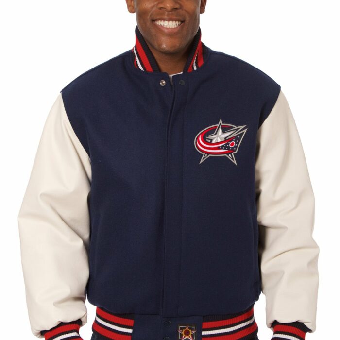 Columbus Blue Jacket Embroidered Wool and Leather Jacket